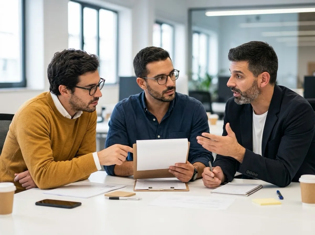 Três homens sentados à mesa em conversa