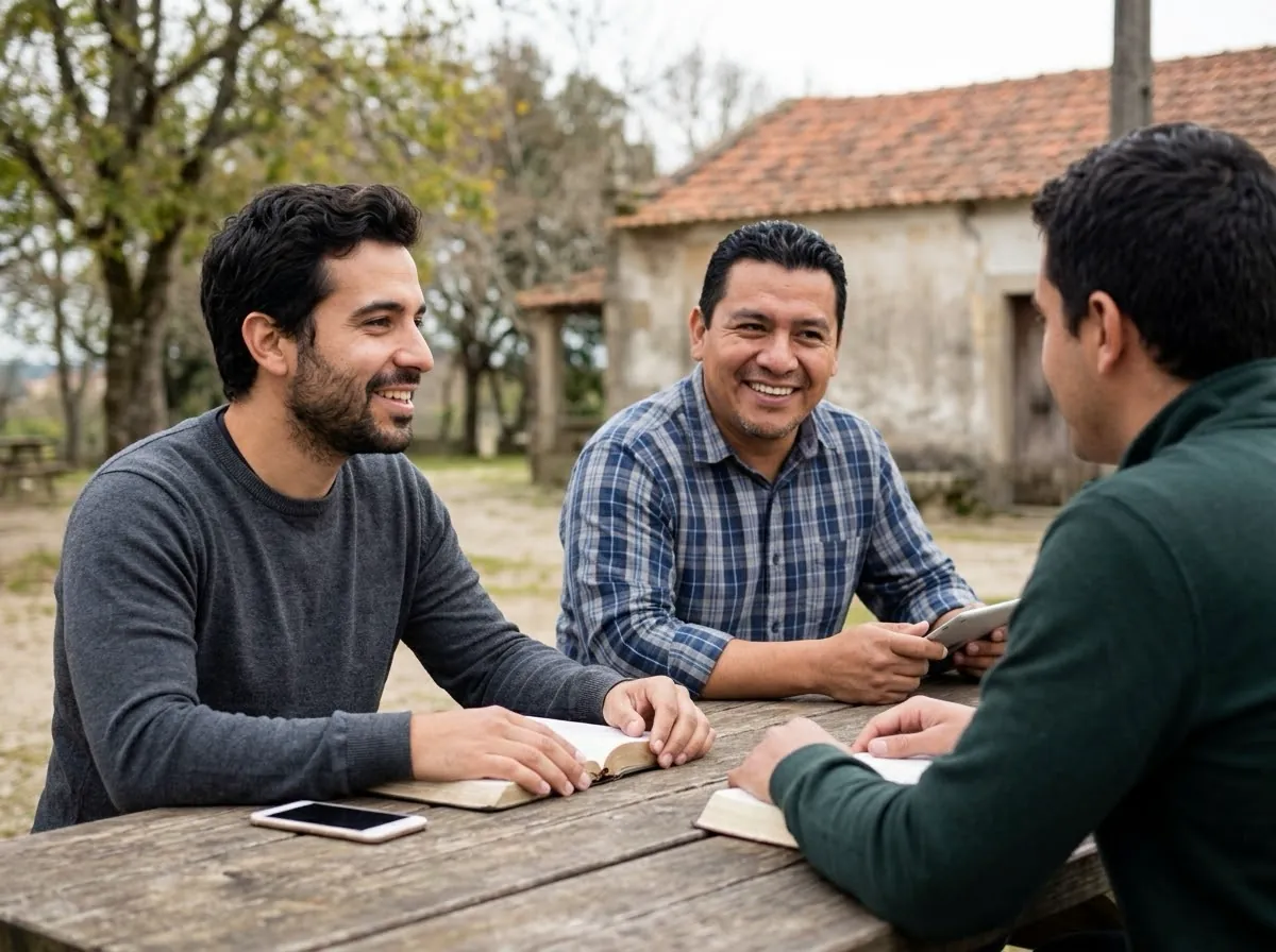 Três homens em conversa à mesa, com livros abertos