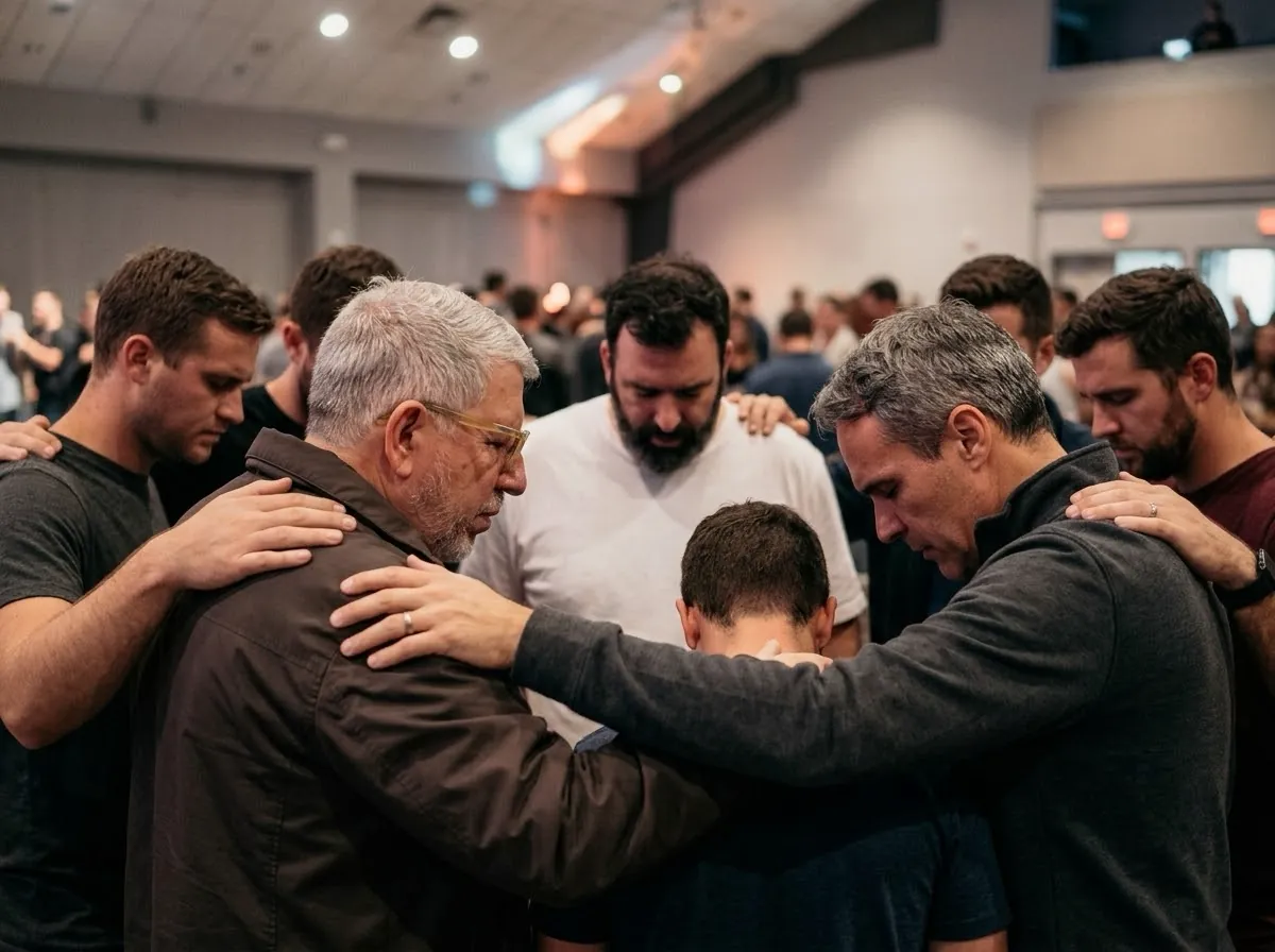 Grupo de homens reunido em oração